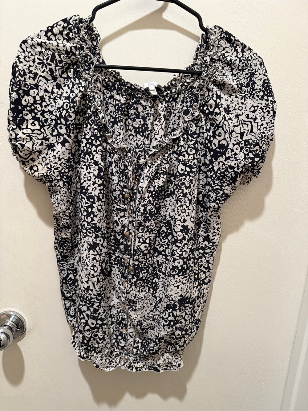 Joie Black & White Floral Puff-Sleeve Blouse